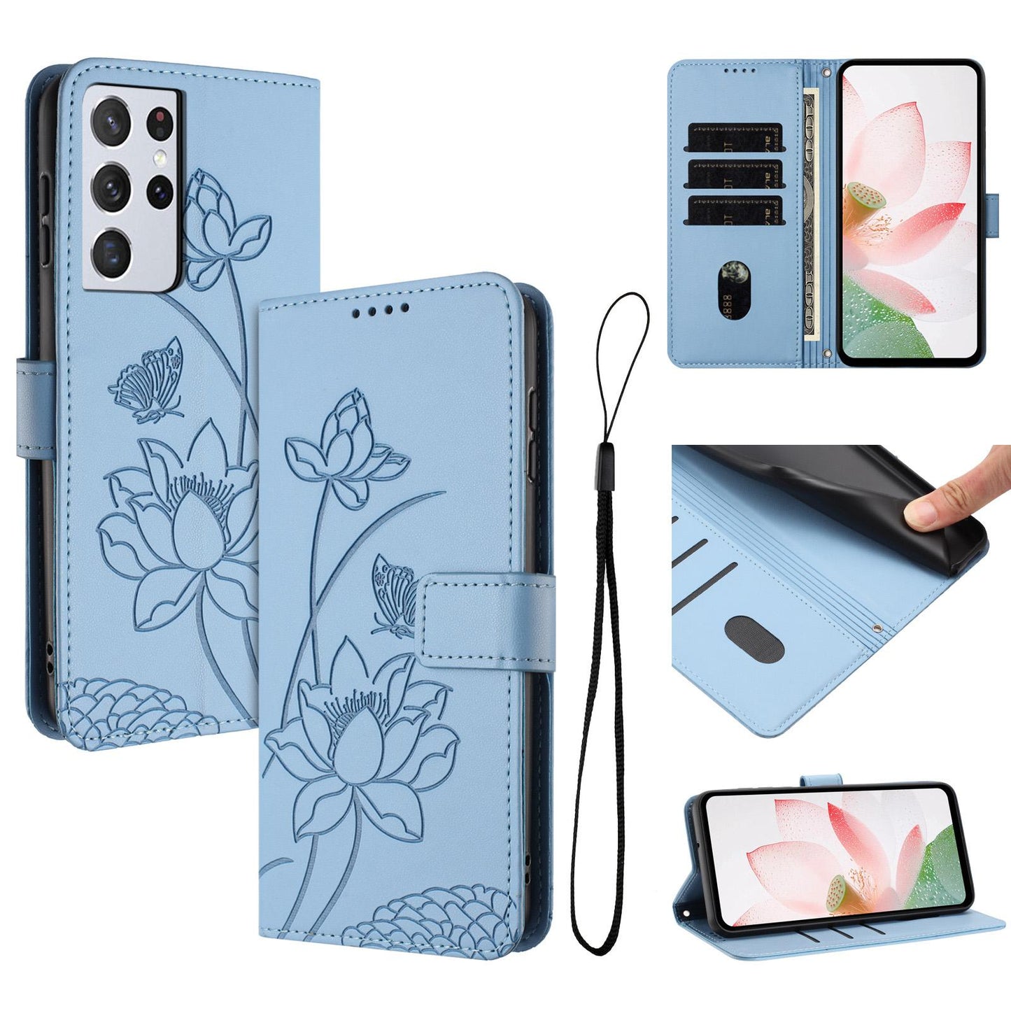 Samsung Galaxy S21 Ultra 5G Lotus Embossed PU Leather Wallet Phone Case with Card Holder, Cash Pocket, Magnetic Flip Stand Cover, Wrist Lanyard Strap, Shockproof TPU Protective Folio Case - Purple