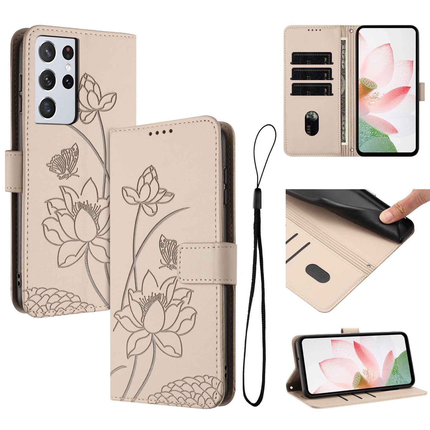 Samsung Galaxy S21 Ultra 5G Lotus Embossed PU Leather Wallet Phone Case with Card Holder, Cash Pocket, Magnetic Flip Stand Cover, Wrist Lanyard Strap, Shockproof TPU Protective Folio Case - Purple