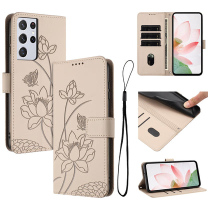 Samsung Galaxy S21 Ultra 5G Lotus Embossed PU Leather Wallet Phone Case with Card Holder, Cash Pocket, Magnetic Flip Stand Cover, Wrist Lanyard Strap, Shockproof TPU Protective Folio Case - Purple