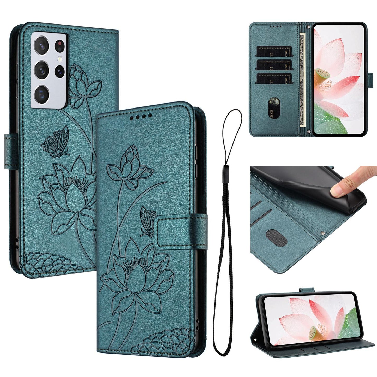 Samsung Galaxy S21 Ultra 5G Lotus Embossed PU Leather Wallet Phone Case with Card Holder, Cash Pocket, Magnetic Flip Stand Cover, Wrist Lanyard Strap, Shockproof TPU Protective Folio Case - Purple
