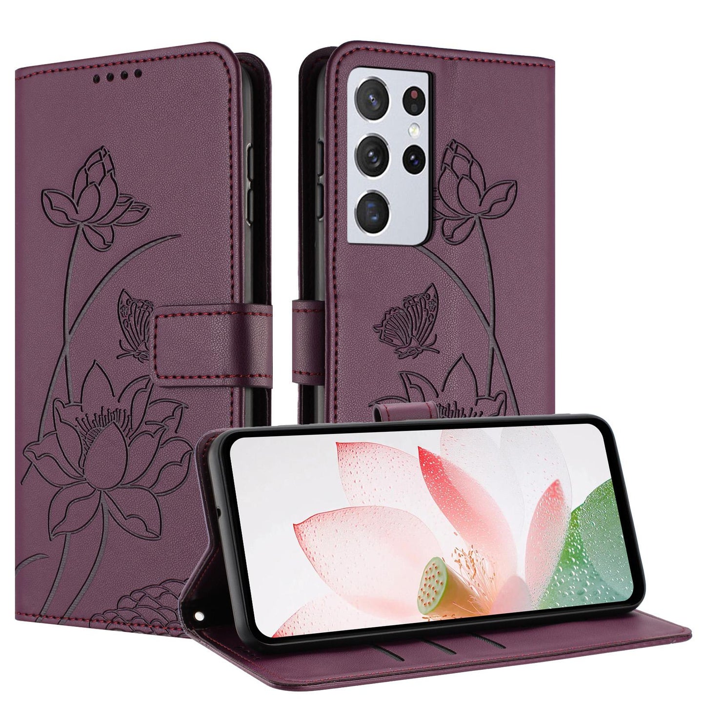 Samsung Galaxy S21 Ultra 5G Lotus Embossed PU Leather Wallet Phone Case with Card Holder, Cash Pocket, Magnetic Flip Stand Cover, Wrist Lanyard Strap, Shockproof TPU Protective Folio Case - Purple