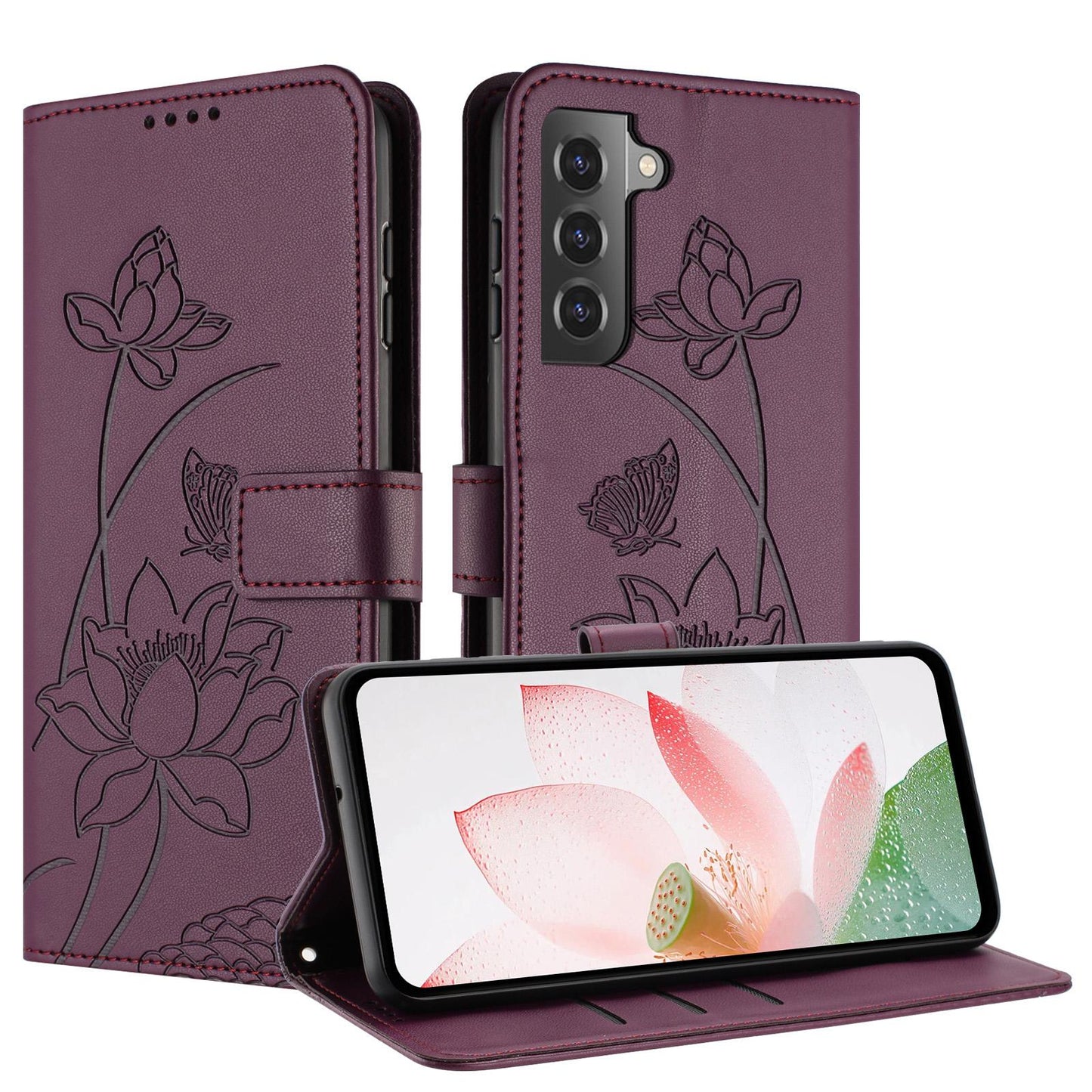 Samsung Galaxy S21+ 5G Lotus Embossed PU Leather Wallet Phone Case with Card Holder, Cash Pocket, Magnetic Flip Stand Cover, Wrist Lanyard Strap, Shockproof TPU Protective Folio Case - Purple