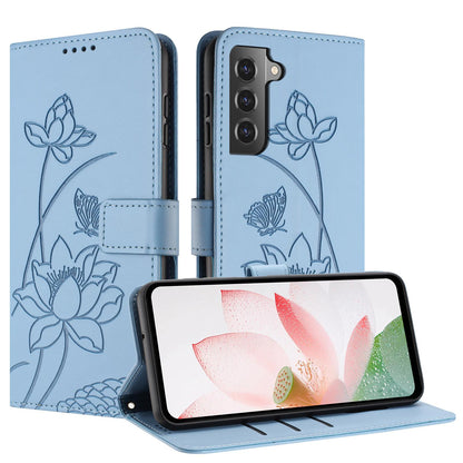 Samsung Galaxy S21 FE 5G Lotus Embossed PU Leather Wallet Phone Case with Card Holder, Cash Pocket, Magnetic Flip Stand Cover, Wrist Lanyard Strap, Shockproof TPU Protective Folio Case - Purple