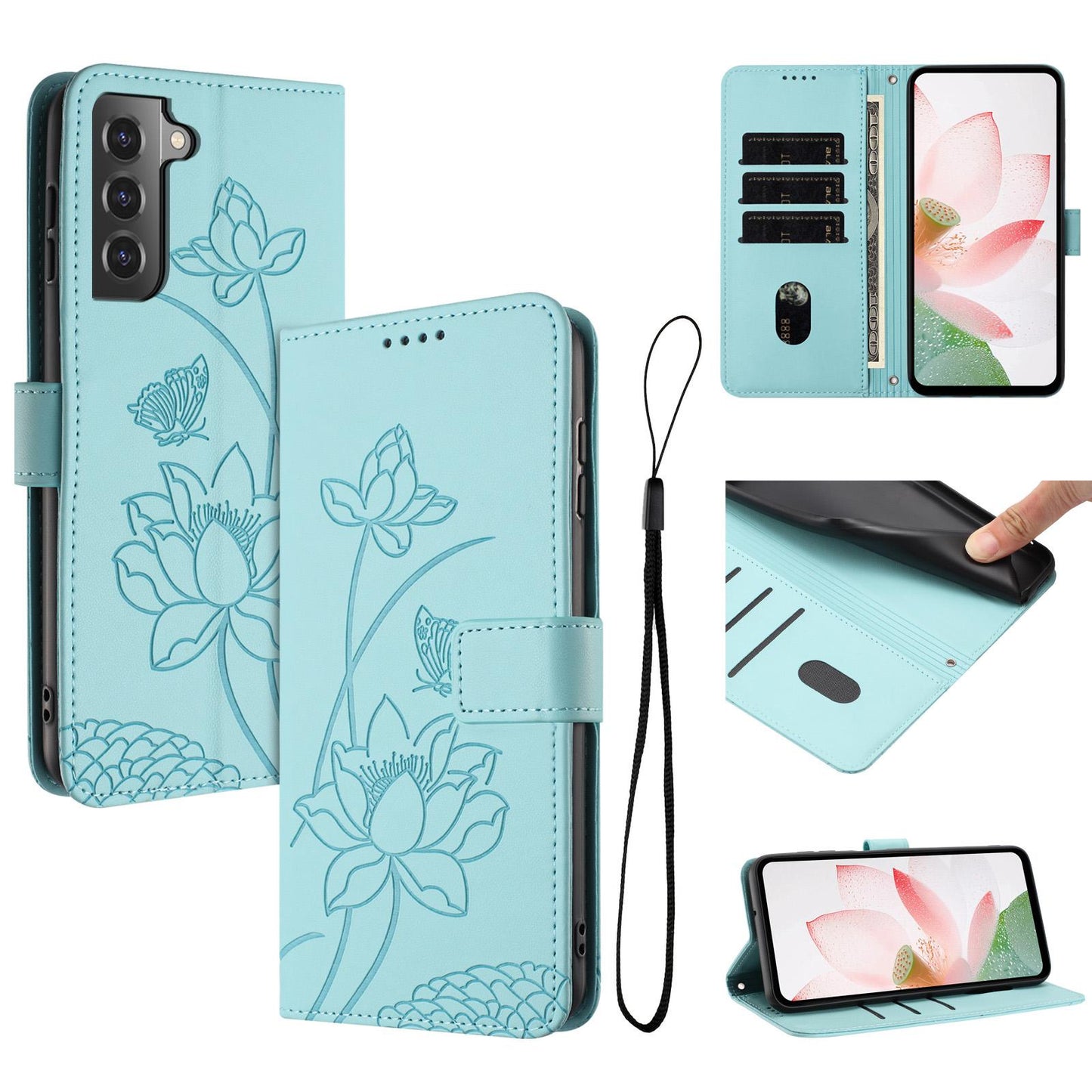 Samsung Galaxy S21 FE 5G Lotus Embossed PU Leather Wallet Phone Case with Card Holder, Cash Pocket, Magnetic Flip Stand Cover, Wrist Lanyard Strap, Shockproof TPU Protective Folio Case - Purple