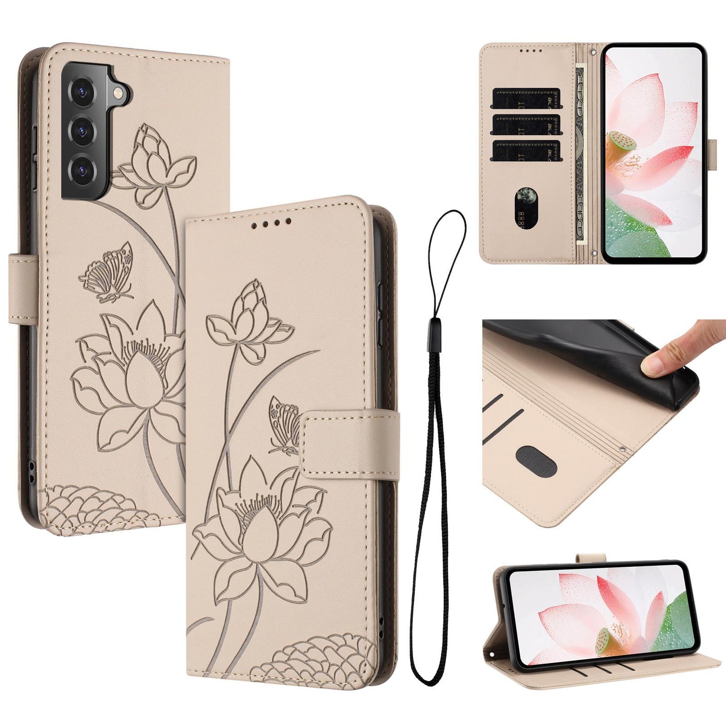 Samsung Galaxy S21 FE 5G Lotus Embossed PU Leather Wallet Phone Case with Card Holder, Cash Pocket, Magnetic Flip Stand Cover, Wrist Lanyard Strap, Shockproof TPU Protective Folio Case - Purple