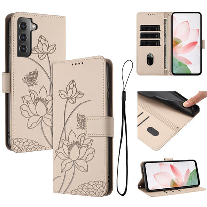 Samsung Galaxy S21 5G Lotus Embossed PU Leather Wallet Phone Case with Card Holder, Cash Pocket, Magnetic Flip Stand Cover, Wrist Lanyard Strap, Shockproof TPU Protective Folio Case - Purple