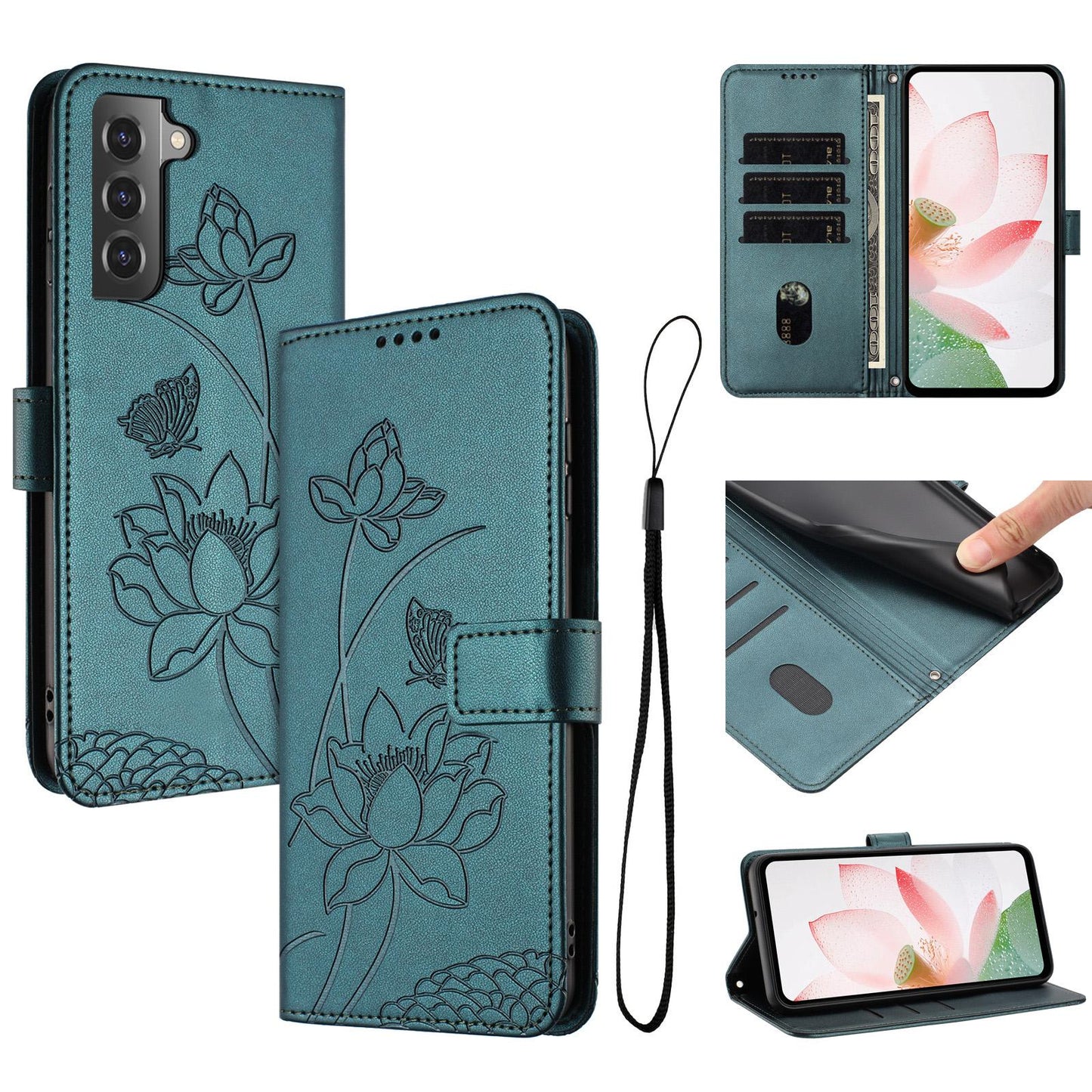 Samsung Galaxy S21 5G Lotus Embossed PU Leather Wallet Phone Case with Card Holder, Cash Pocket, Magnetic Flip Stand Cover, Wrist Lanyard Strap, Shockproof TPU Protective Folio Case - Purple