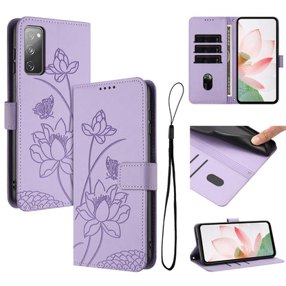 Samsung Galaxy S20 FE Lotus Embossed PU Leather Wallet Phone Case with Card Holder, Cash Pocket, Magnetic Flip Stand Cover, Wrist Lanyard Strap, Shockproof TPU Protective Folio Case - Purple