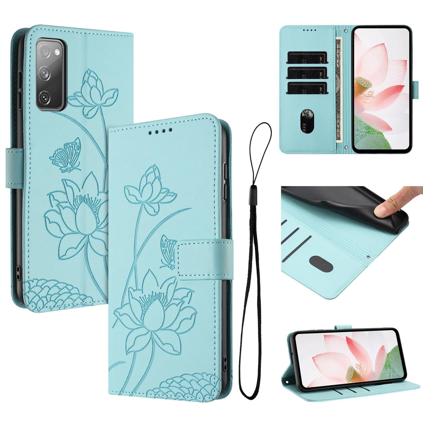 Samsung Galaxy S20 FE Lotus Embossed PU Leather Wallet Phone Case with Card Holder, Cash Pocket, Magnetic Flip Stand Cover, Wrist Lanyard Strap, Shockproof TPU Protective Folio Case - Purple