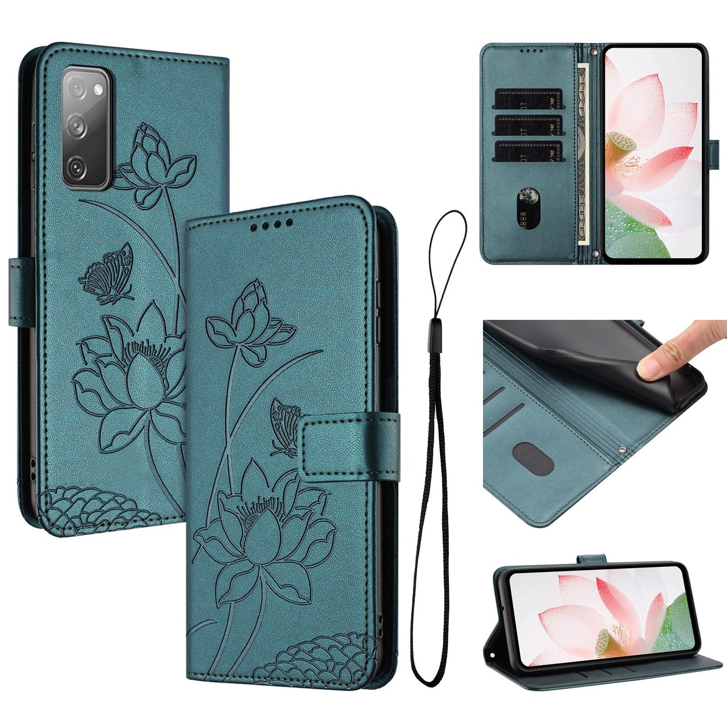 Samsung Galaxy S20 FE Lotus Embossed PU Leather Wallet Phone Case with Card Holder, Cash Pocket, Magnetic Flip Stand Cover, Wrist Lanyard Strap, Shockproof TPU Protective Folio Case - Purple