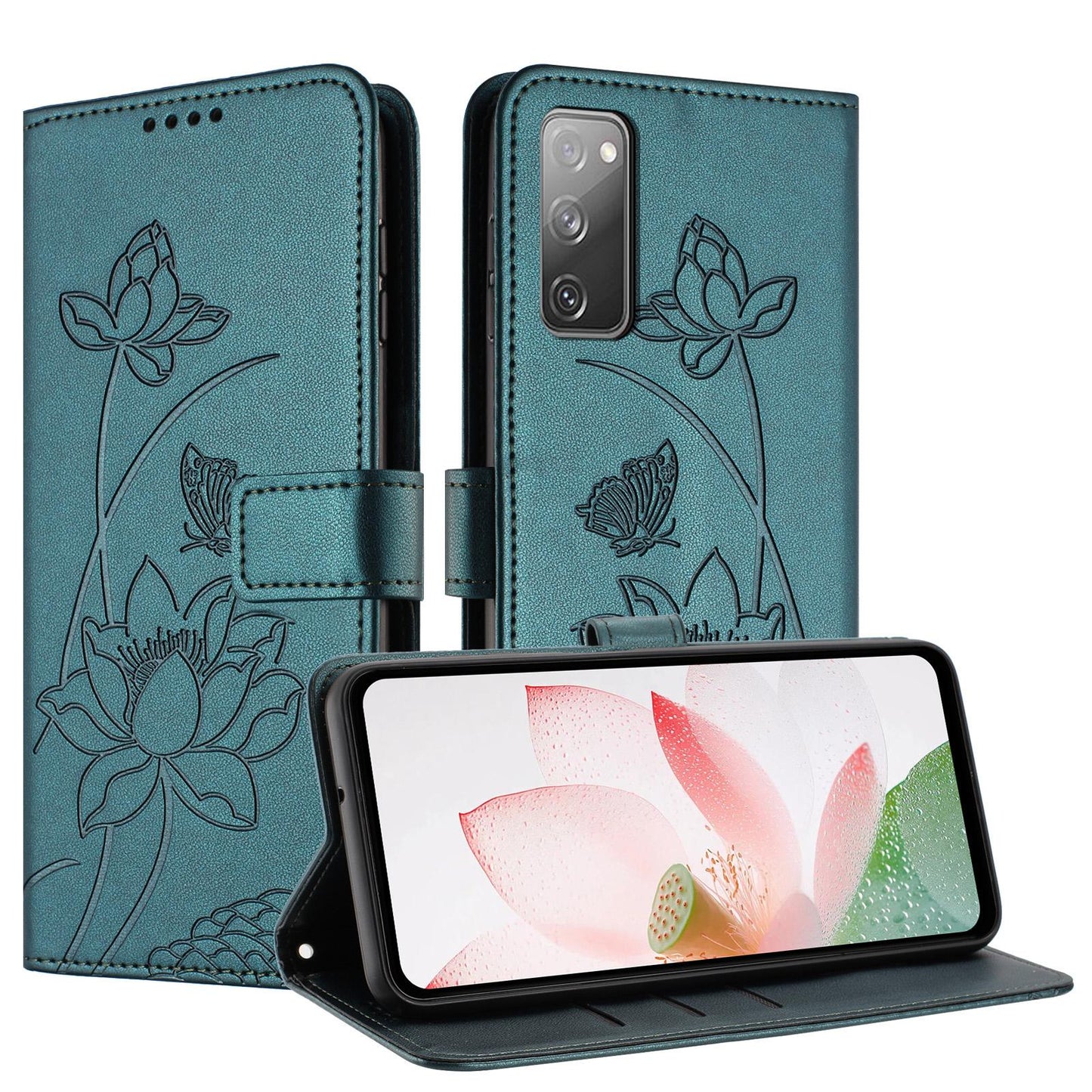 Samsung Galaxy S20 FE Lotus Embossed PU Leather Wallet Phone Case with Card Holder, Cash Pocket, Magnetic Flip Stand Cover, Wrist Lanyard Strap, Shockproof TPU Protective Folio Case - Purple