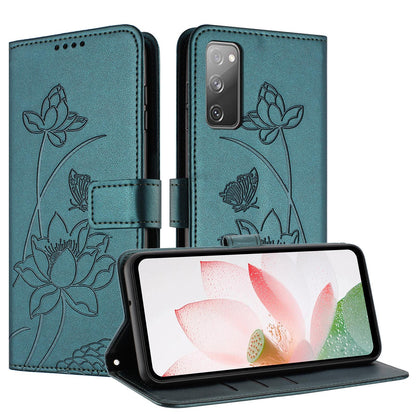 Samsung Galaxy S20 FE Lotus Embossed PU Leather Wallet Phone Case with Card Holder, Cash Pocket, Magnetic Flip Stand Cover, Wrist Lanyard Strap, Shockproof TPU Protective Folio Case - Purple