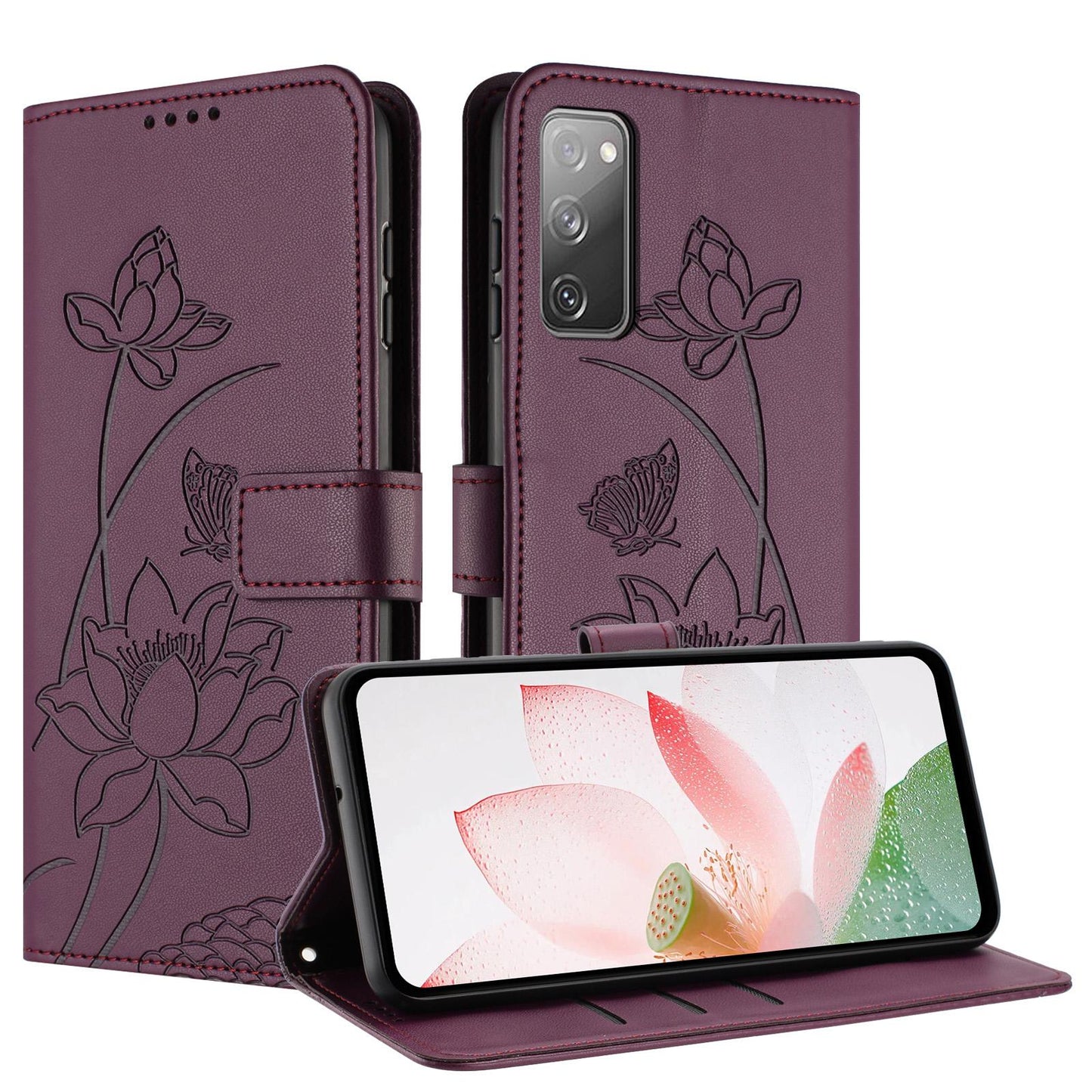 Samsung Galaxy S20 FE Lotus Embossed PU Leather Wallet Phone Case with Card Holder, Cash Pocket, Magnetic Flip Stand Cover, Wrist Lanyard Strap, Shockproof TPU Protective Folio Case - Purple
