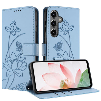 Samsung Galaxy S26+ 5G Lotus Embossed PU Leather Wallet Phone Case with Card Holder, Cash Pocket, Magnetic Flip Stand Cover, Wrist Lanyard Strap, Shockproof TPU Protective Folio Case - Purple