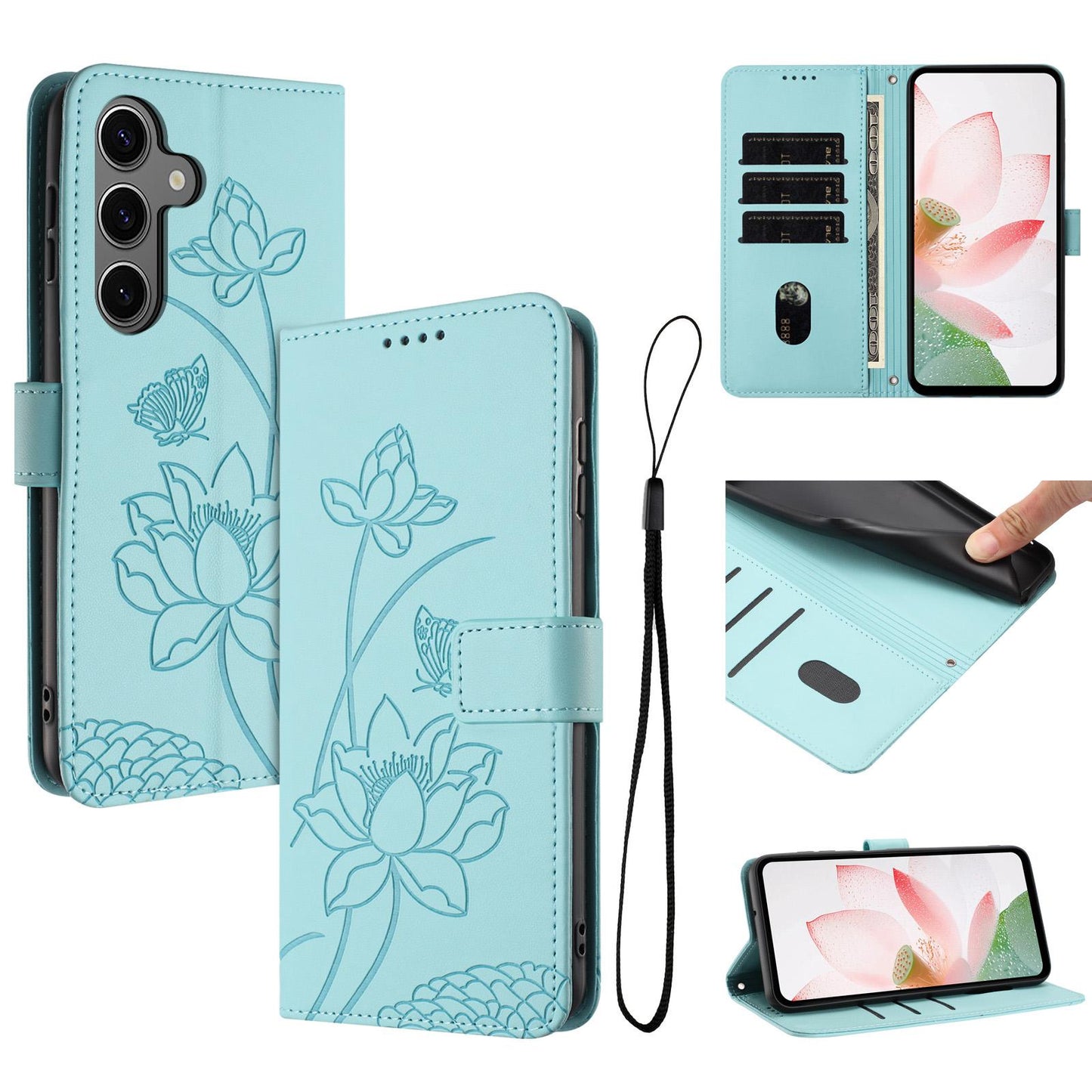 Samsung Galaxy S26+ 5G Lotus Embossed PU Leather Wallet Phone Case with Card Holder, Cash Pocket, Magnetic Flip Stand Cover, Wrist Lanyard Strap, Shockproof TPU Protective Folio Case - Purple