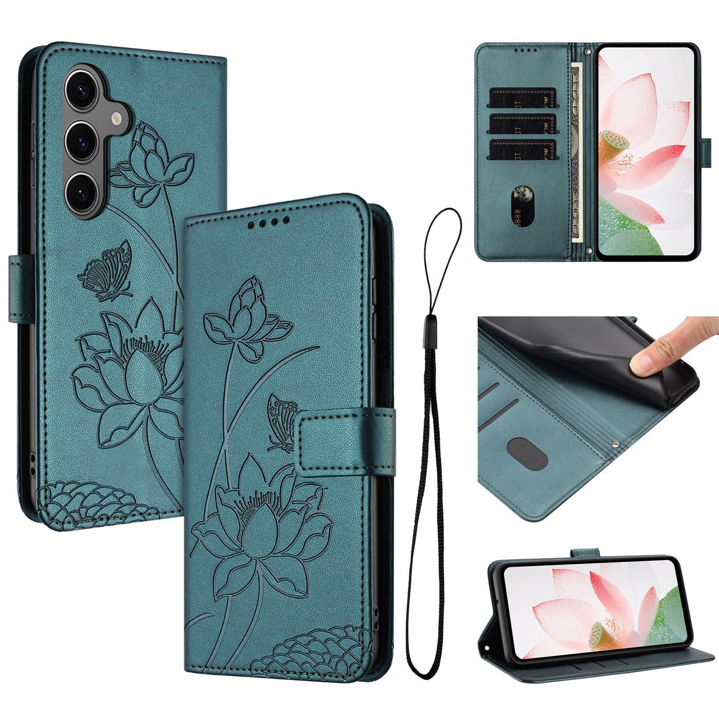 Samsung Galaxy S26+ 5G Lotus Embossed PU Leather Wallet Phone Case with Card Holder, Cash Pocket, Magnetic Flip Stand Cover, Wrist Lanyard Strap, Shockproof TPU Protective Folio Case - Purple