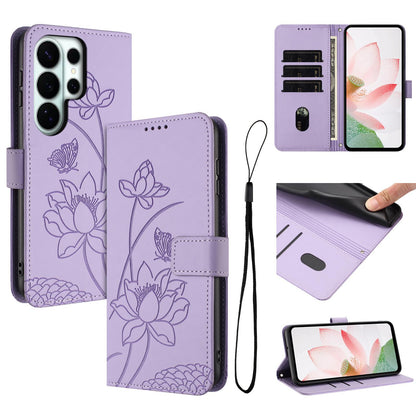 Samsung Galaxy S26 Ultra 5G Lotus Embossed PU Leather Wallet Phone Case with Card Holder, Cash Pocket, Magnetic Flip Stand Cover, Wrist Lanyard Strap, Shockproof TPU Protective Folio Case - Purple