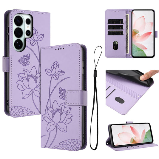 Samsung Galaxy S26 Ultra 5G Lotus Embossed PU Leather Wallet Phone Case with Card Holder, Cash Pocket, Magnetic Flip Stand Cover, Wrist Lanyard Strap, Shockproof TPU Protective Folio Case - Purple