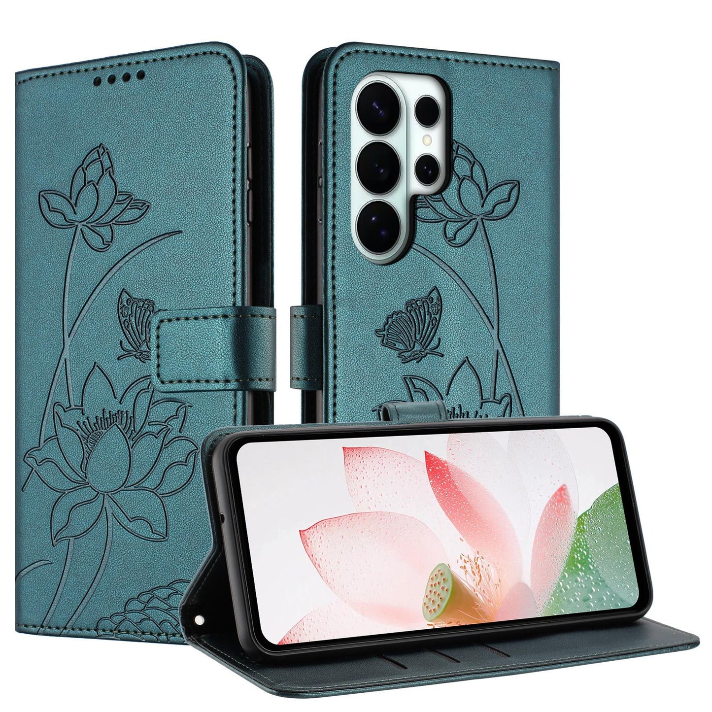 Samsung Galaxy S26 Ultra 5G Lotus Embossed PU Leather Wallet Phone Case with Card Holder, Cash Pocket, Magnetic Flip Stand Cover, Wrist Lanyard Strap, Shockproof TPU Protective Folio Case - Purple