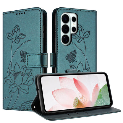Samsung Galaxy S26 Ultra 5G Lotus Embossed PU Leather Wallet Phone Case with Card Holder, Cash Pocket, Magnetic Flip Stand Cover, Wrist Lanyard Strap, Shockproof TPU Protective Folio Case - Purple