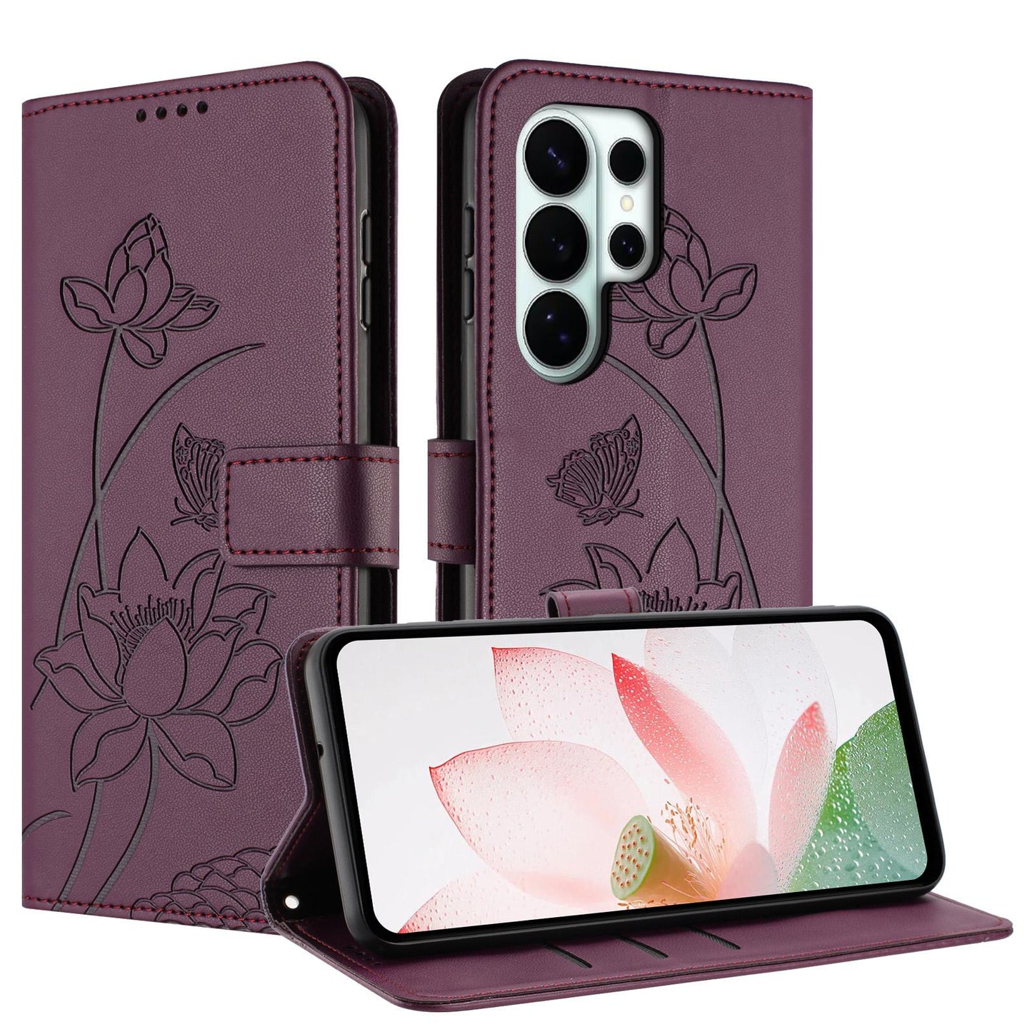 Samsung Galaxy S26 Ultra 5G Lotus Embossed PU Leather Wallet Phone Case with Card Holder, Cash Pocket, Magnetic Flip Stand Cover, Wrist Lanyard Strap, Shockproof TPU Protective Folio Case - Purple