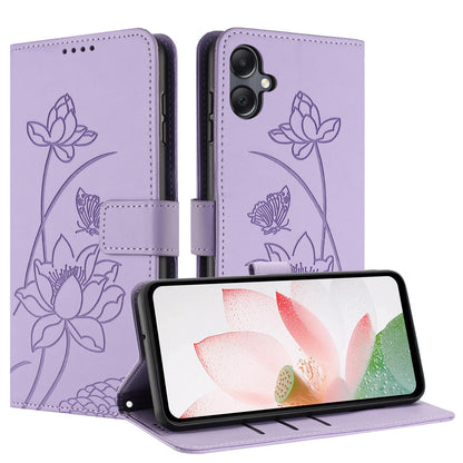 Samsung Galaxy M05 Lotus Embossed PU Leather Wallet Phone Case with Card Holder, Cash Pocket, Magnetic Flip Stand Cover, Wrist Lanyard Strap, Shockproof TPU Protective Folio Case - Purple