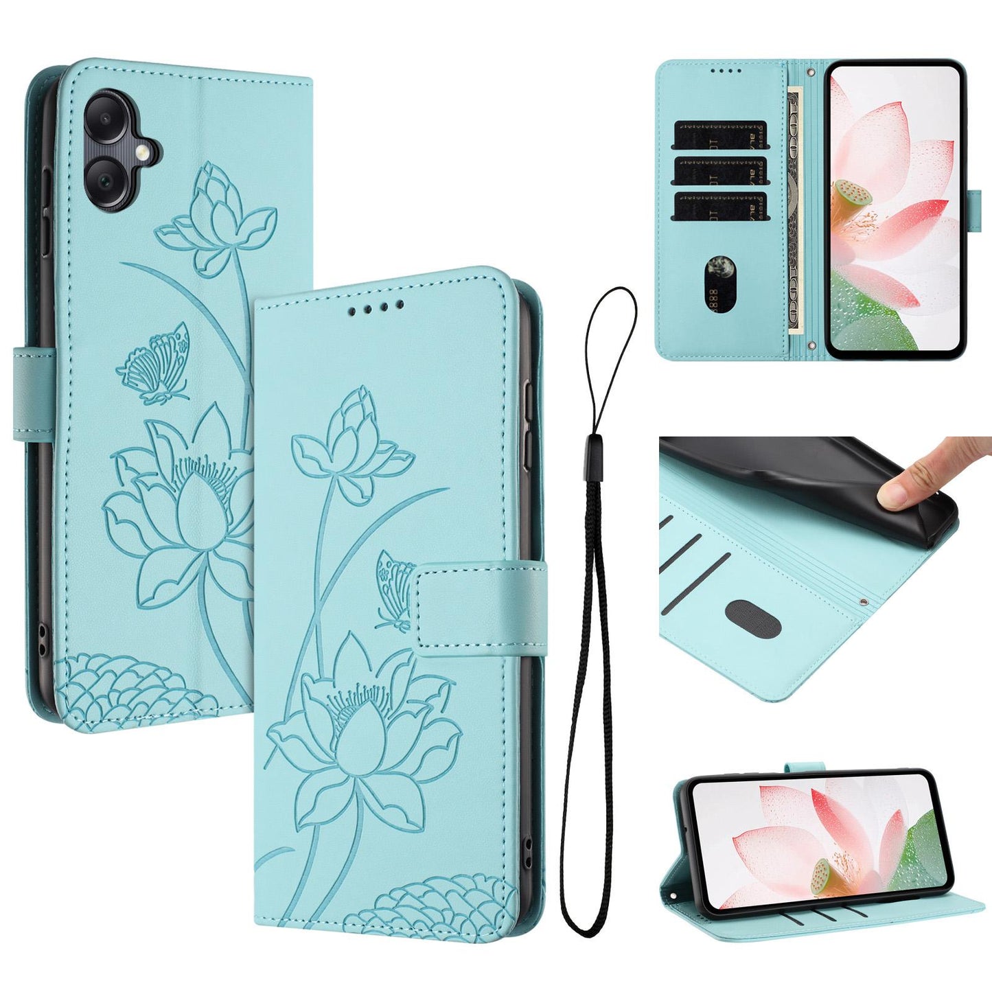 Samsung Galaxy A05 Lotus Embossed PU Leather Wallet Phone Case with Card Holder, Cash Pocket, Magnetic Flip Stand Cover, Wrist Lanyard Strap, Shockproof TPU Protective Folio Case - Purple