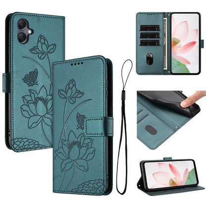Samsung Galaxy F05 4G Lotus Embossed PU Leather Wallet Phone Case with Card Holder, Cash Pocket, Magnetic Flip Stand Cover, Wrist Lanyard Strap, Shockproof TPU Protective Folio Case - Purple