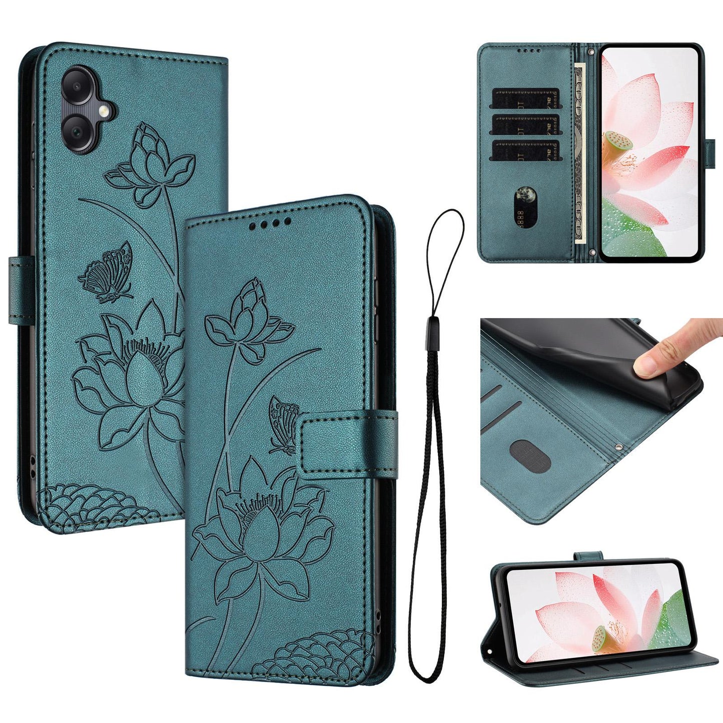 Samsung Galaxy M05 Lotus Embossed PU Leather Wallet Phone Case with Card Holder, Cash Pocket, Magnetic Flip Stand Cover, Wrist Lanyard Strap, Shockproof TPU Protective Folio Case - Purple