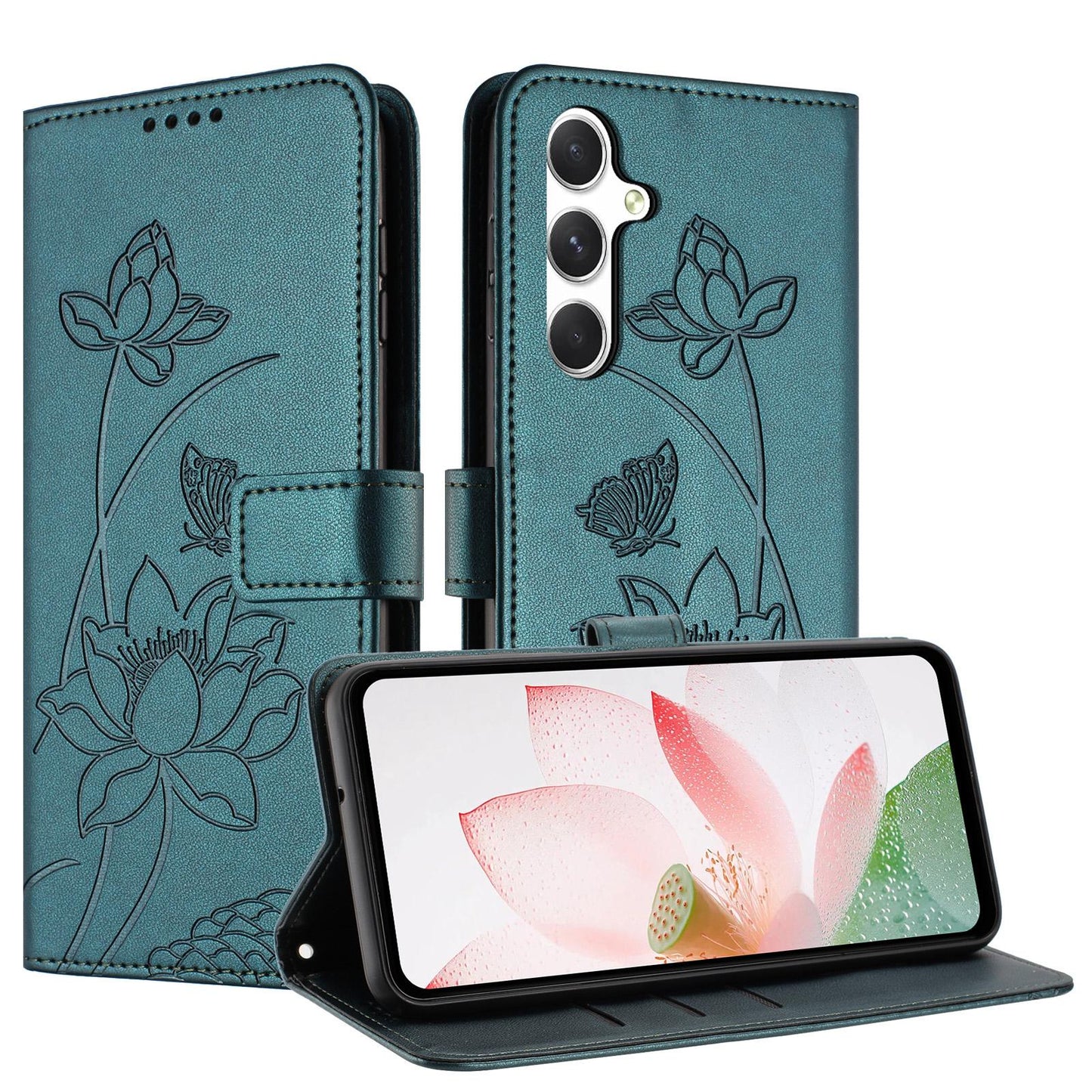 Samsung Galaxy A05s 4G Lotus Embossed PU Leather Wallet Phone Case with Card Holder, Cash Pocket, Magnetic Flip Stand Cover, Wrist Lanyard Strap, Shockproof TPU Protective Folio Case - Purple