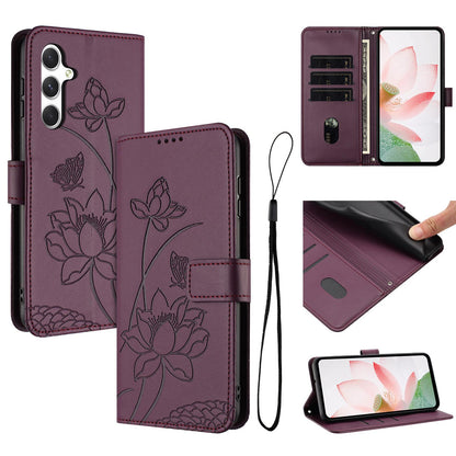Samsung Galaxy A05s 4G Lotus Embossed PU Leather Wallet Phone Case with Card Holder, Cash Pocket, Magnetic Flip Stand Cover, Wrist Lanyard Strap, Shockproof TPU Protective Folio Case - Purple