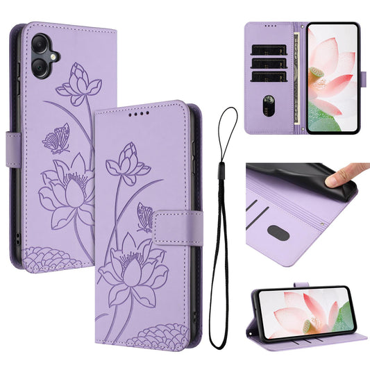 Samsung Galaxy A06 4G Lotus Embossed PU Leather Wallet Phone Case with Card Holder, Cash Pocket, Magnetic Flip Stand Cover, Wrist Lanyard Strap, Shockproof TPU Protective Folio Case - Purple