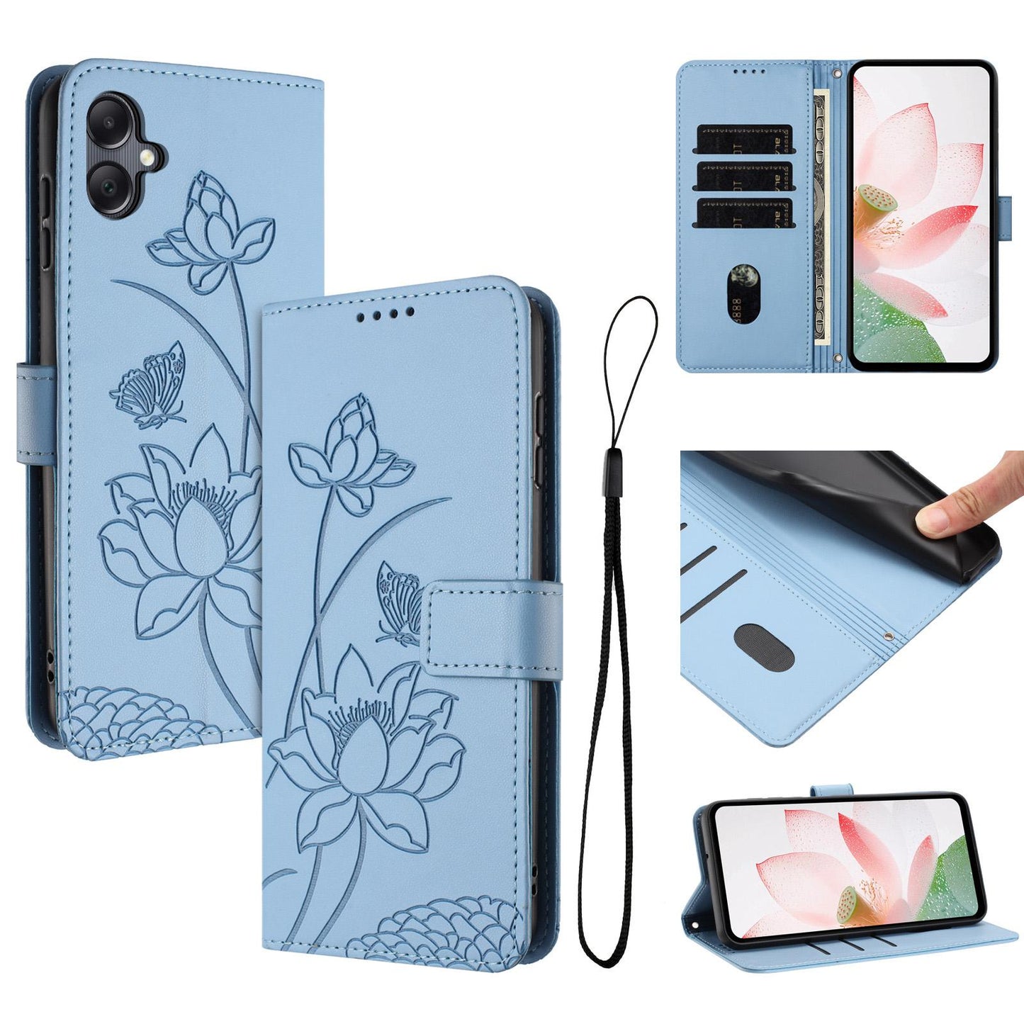 Samsung Galaxy A07 4G Lotus Embossed PU Leather Wallet Phone Case with Card Holder, Cash Pocket, Magnetic Flip Stand Cover, Wrist Lanyard Strap, Shockproof TPU Protective Folio Case - Purple