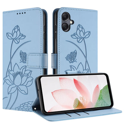 Samsung Galaxy A07 4G Lotus Embossed PU Leather Wallet Phone Case with Card Holder, Cash Pocket, Magnetic Flip Stand Cover, Wrist Lanyard Strap, Shockproof TPU Protective Folio Case - Purple