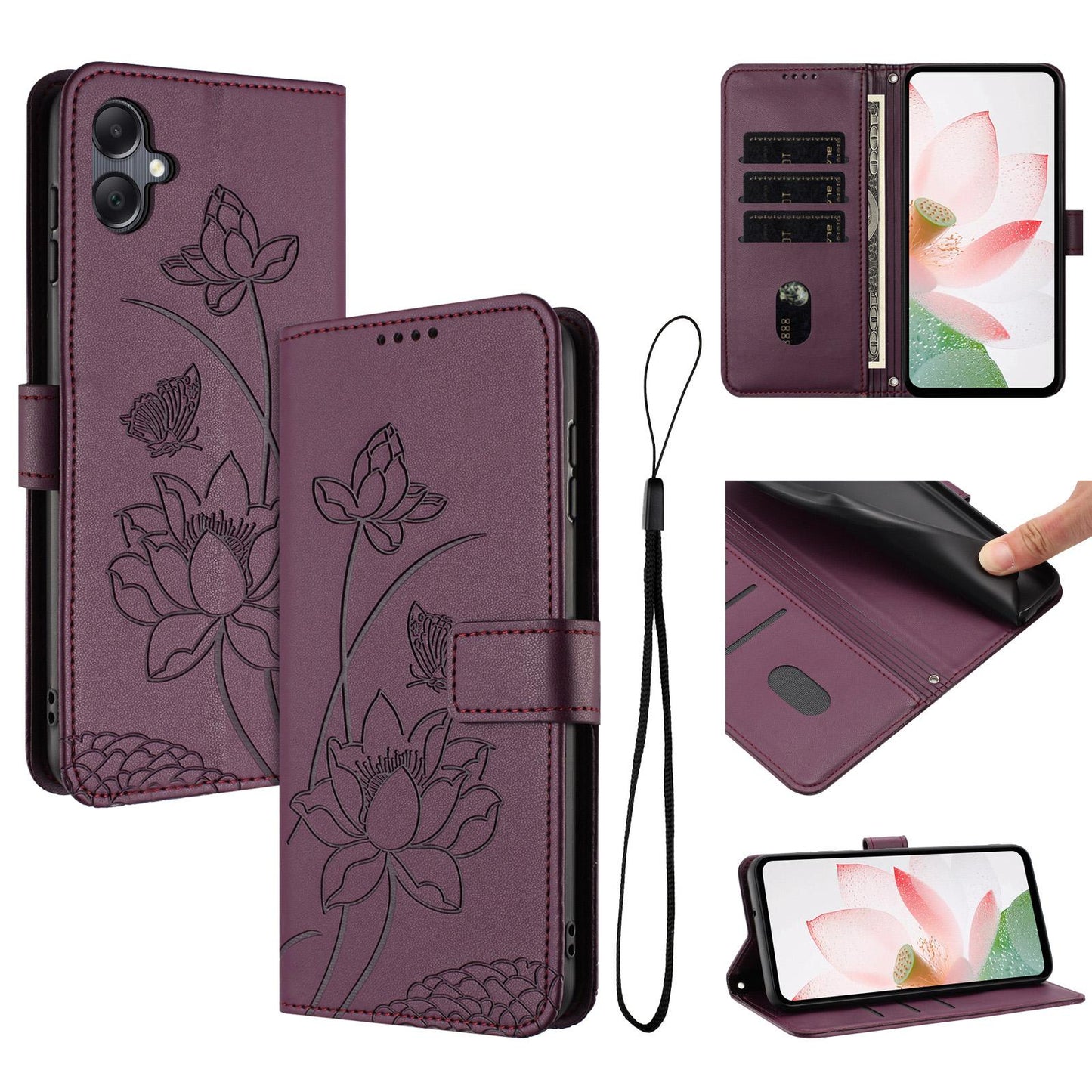 Samsung Galaxy A06 5G Lotus Embossed PU Leather Wallet Phone Case with Card Holder, Cash Pocket, Magnetic Flip Stand Cover, Wrist Lanyard Strap, Shockproof TPU Protective Folio Case - Purple