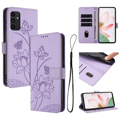 Samsung Galaxy A13 4G Lotus Embossed PU Leather Wallet Phone Case with Card Holder, Cash Pocket, Magnetic Flip Stand Cover, Wrist Lanyard Strap, Shockproof TPU Protective Folio Case - Purple