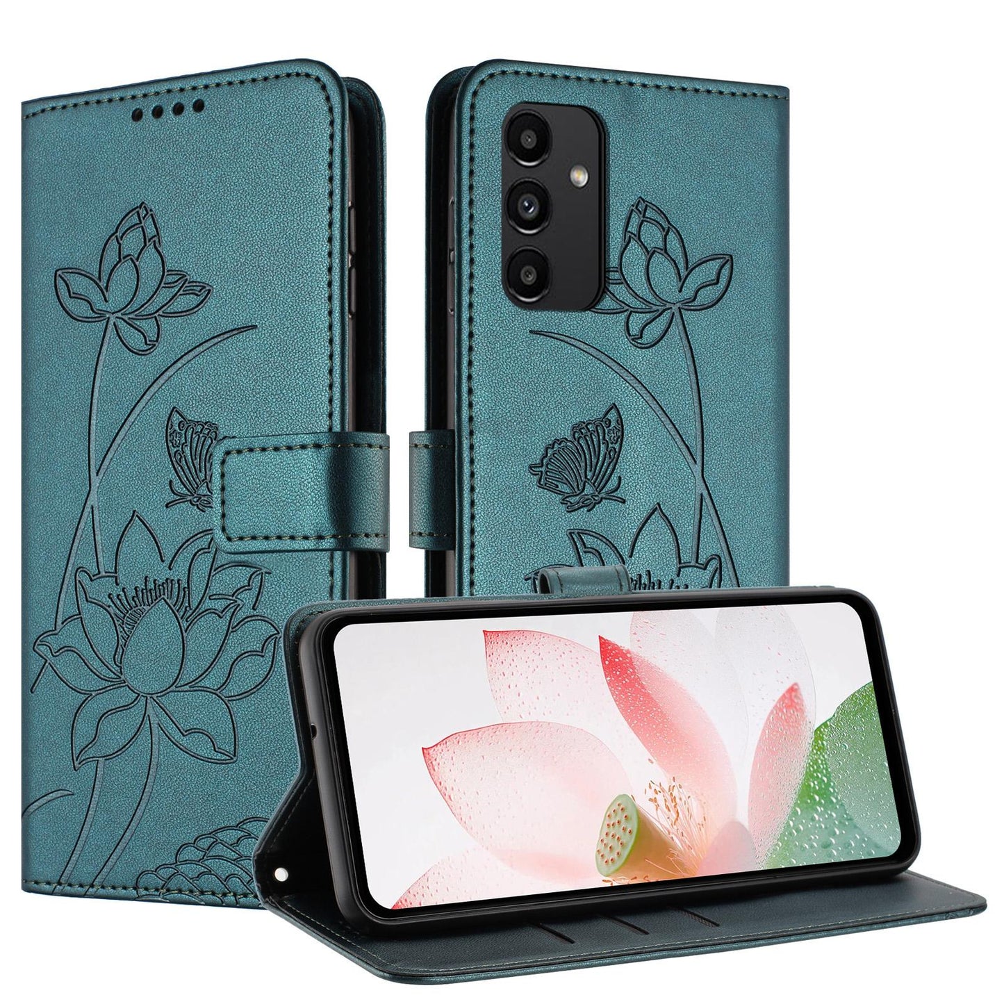Samsung Galaxy A13 4G Lotus Embossed PU Leather Wallet Phone Case with Card Holder, Cash Pocket, Magnetic Flip Stand Cover, Wrist Lanyard Strap, Shockproof TPU Protective Folio Case - Purple