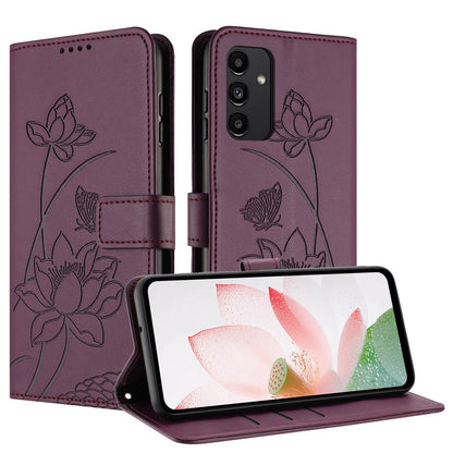 Samsung Galaxy A13 4G Lotus Embossed PU Leather Wallet Phone Case with Card Holder, Cash Pocket, Magnetic Flip Stand Cover, Wrist Lanyard Strap, Shockproof TPU Protective Folio Case - Purple