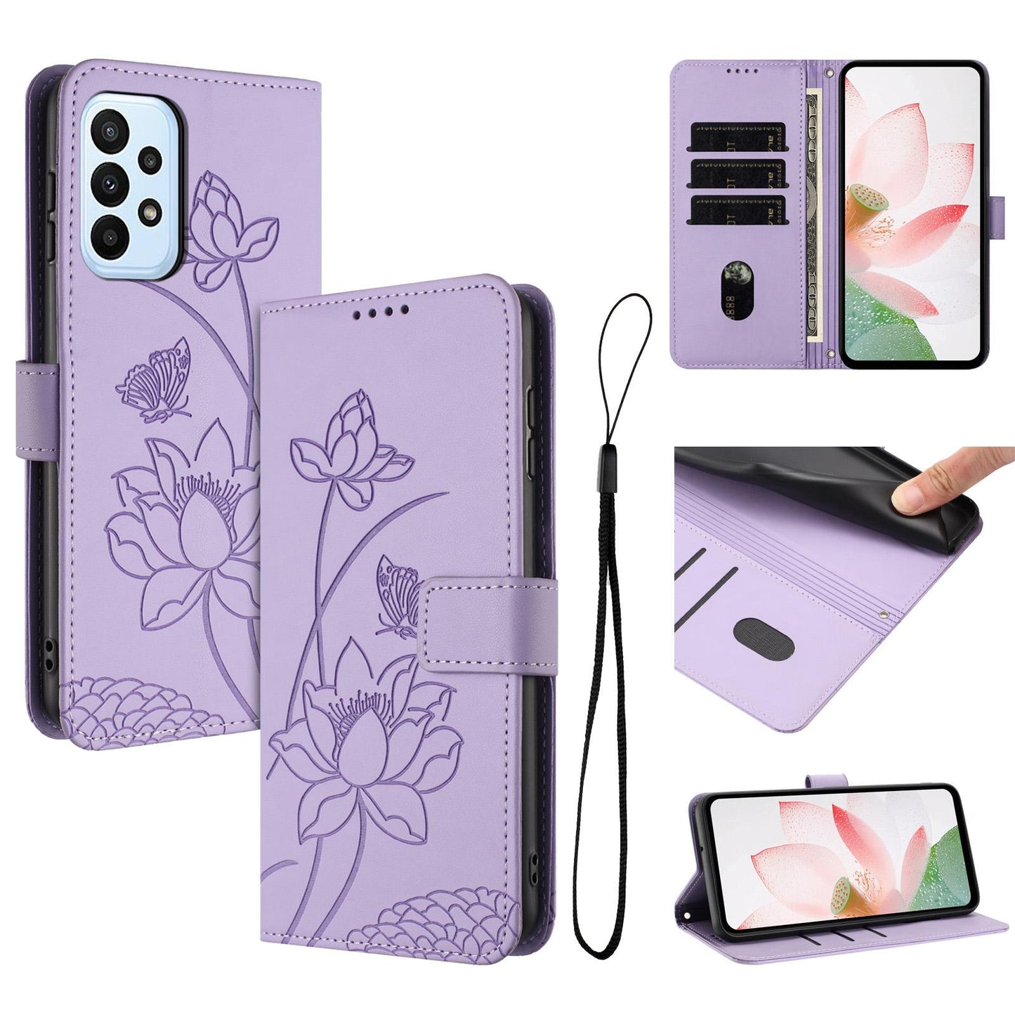 Samsung Galaxy A23 5G Lotus Embossed PU Leather Wallet Phone Case with Card Holder, Cash Pocket, Magnetic Flip Stand Cover, Wrist Lanyard Strap, Shockproof TPU Protective Folio Case - Purple