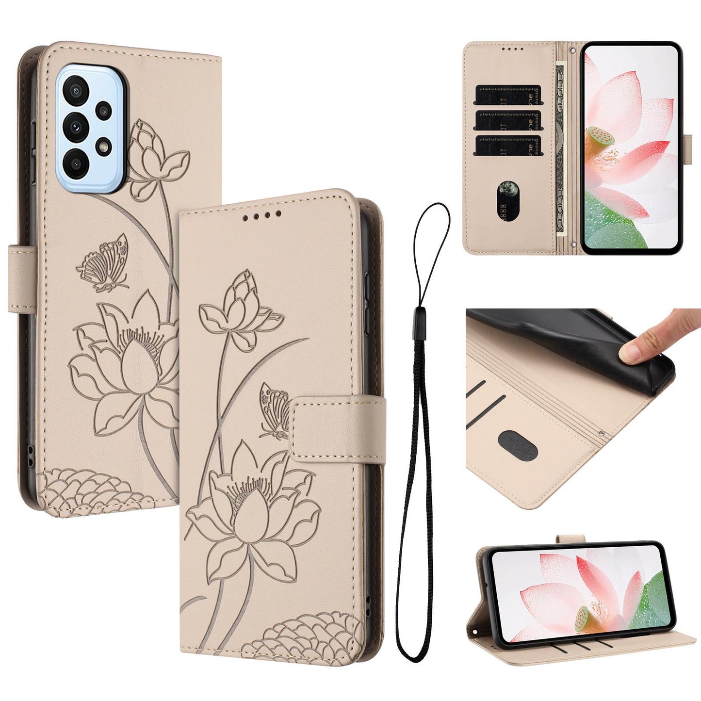 Samsung Galaxy A23 4G Lotus Embossed PU Leather Wallet Phone Case with Card Holder, Cash Pocket, Magnetic Flip Stand Cover, Wrist Lanyard Strap, Shockproof TPU Protective Folio Case - Purple