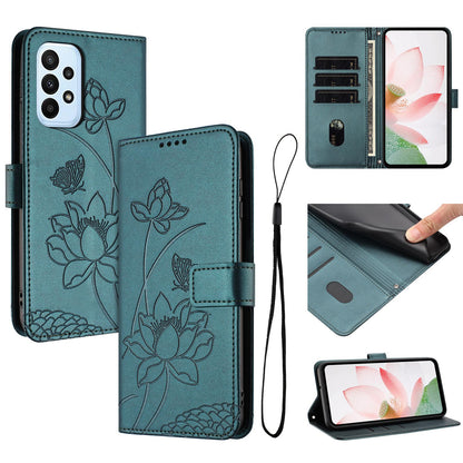Samsung Galaxy A23 5G Lotus Embossed PU Leather Wallet Phone Case with Card Holder, Cash Pocket, Magnetic Flip Stand Cover, Wrist Lanyard Strap, Shockproof TPU Protective Folio Case - Purple