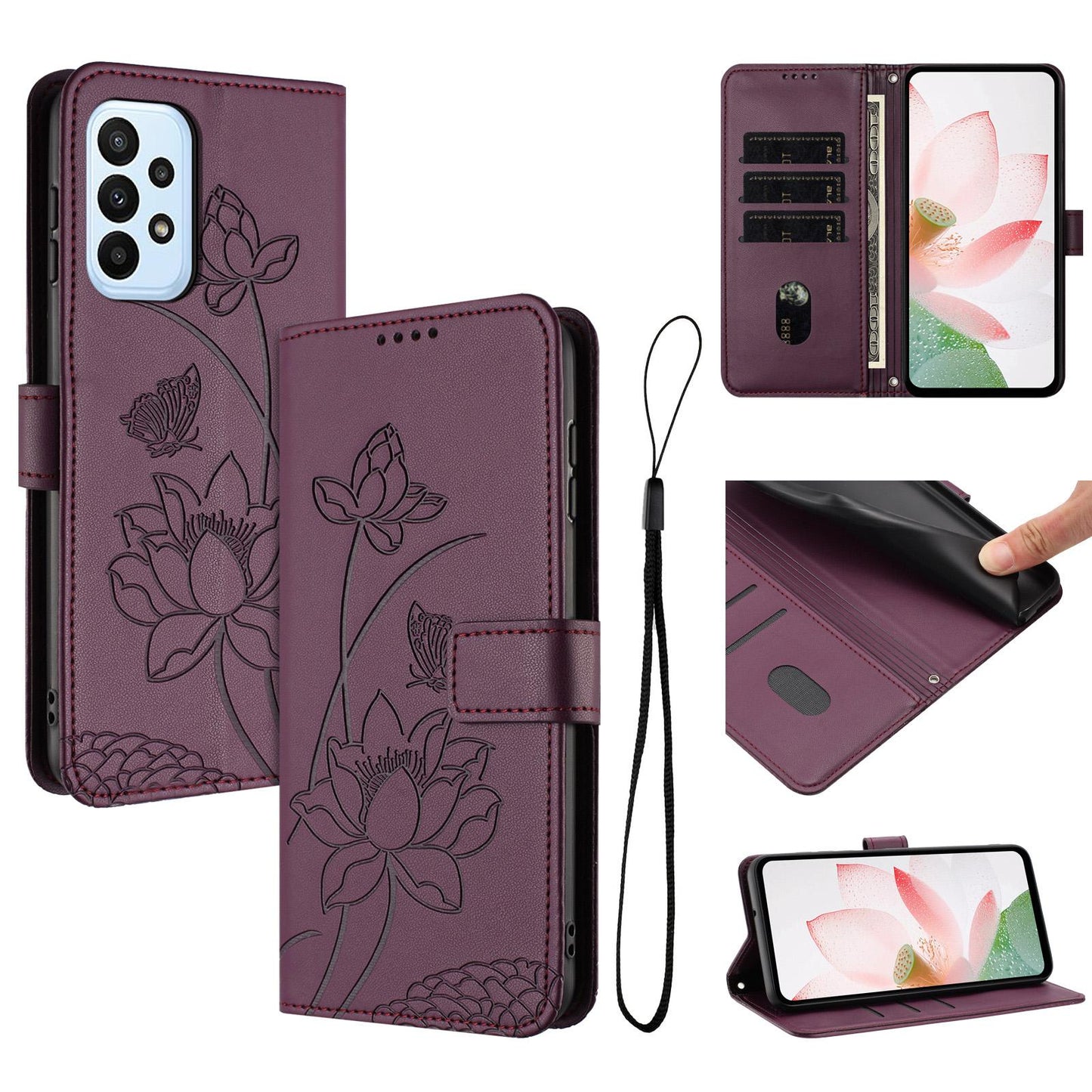 Samsung Galaxy A23 5G Lotus Embossed PU Leather Wallet Phone Case with Card Holder, Cash Pocket, Magnetic Flip Stand Cover, Wrist Lanyard Strap, Shockproof TPU Protective Folio Case - Purple
