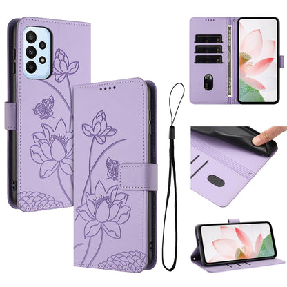Samsung Galaxy A33 5G Lotus Embossed PU Leather Wallet Phone Case with Card Holder, Cash Pocket, Magnetic Flip Stand Cover, Wrist Lanyard Strap, Shockproof TPU Protective Folio Case - Purple