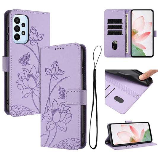 Samsung Galaxy A33 5G Lotus Embossed PU Leather Wallet Phone Case with Card Holder, Cash Pocket, Magnetic Flip Stand Cover, Wrist Lanyard Strap, Shockproof TPU Protective Folio Case - Purple