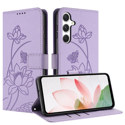 Samsung Galaxy A34 5G Lotus Embossed PU Leather Wallet Phone Case with Card Holder, Cash Pocket, Magnetic Flip Stand Cover, Wrist Lanyard Strap, Shockproof TPU Protective Folio Case - Purple