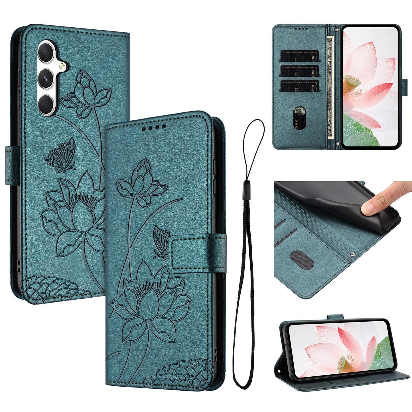 Samsung Galaxy A34 5G Lotus Embossed PU Leather Wallet Phone Case with Card Holder, Cash Pocket, Magnetic Flip Stand Cover, Wrist Lanyard Strap, Shockproof TPU Protective Folio Case - Purple