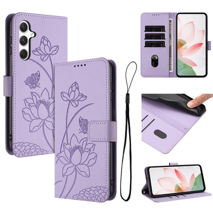 Samsung Galaxy A36 5G Lotus Embossed PU Leather Wallet Phone Case with Card Holder, Cash Pocket, Magnetic Flip Stand Cover, Wrist Lanyard Strap, Shockproof TPU Protective Folio Case - Purple