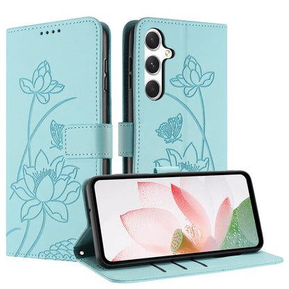 Samsung Galaxy M56 5G Lotus Embossed PU Leather Wallet Phone Case with Card Holder, Cash Pocket, Magnetic Flip Stand Cover, Wrist Lanyard Strap, Shockproof TPU Protective Folio Case - Purple