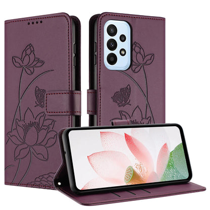 Samsung Galaxy A73 5G Lotus Embossed PU Leather Wallet Phone Case with Card Holder, Cash Pocket, Magnetic Flip Stand Cover, Wrist Lanyard Strap, Shockproof TPU Protective Folio Case - Purple