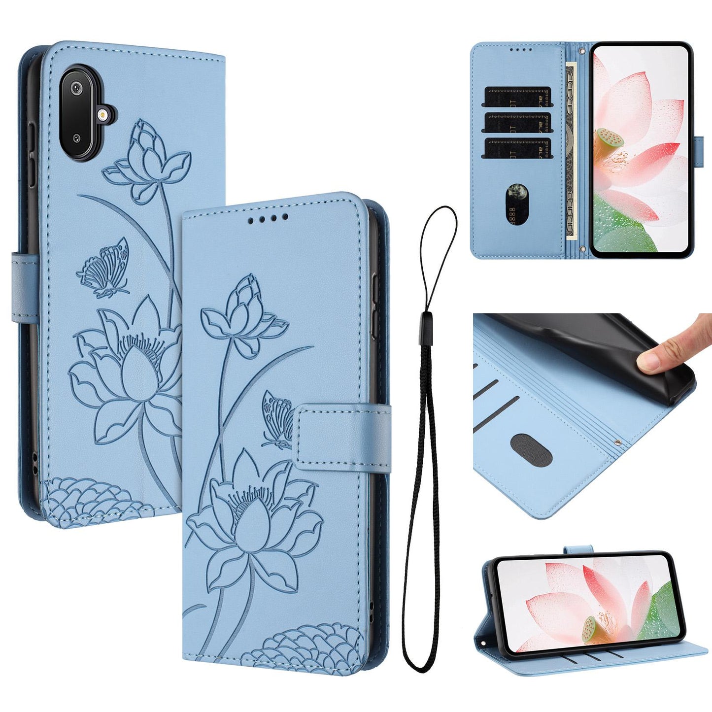 Samsung Galaxy F06 Lotus Embossed PU Leather Wallet Phone Case with Card Holder, Cash Pocket, Magnetic Flip Stand Cover, Wrist Lanyard Strap, Shockproof TPU Protective Folio Case - Purple